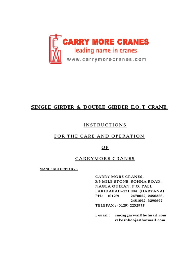 EOT Crane Operation and Maintenance Manual | PDF | Electric Motor ...