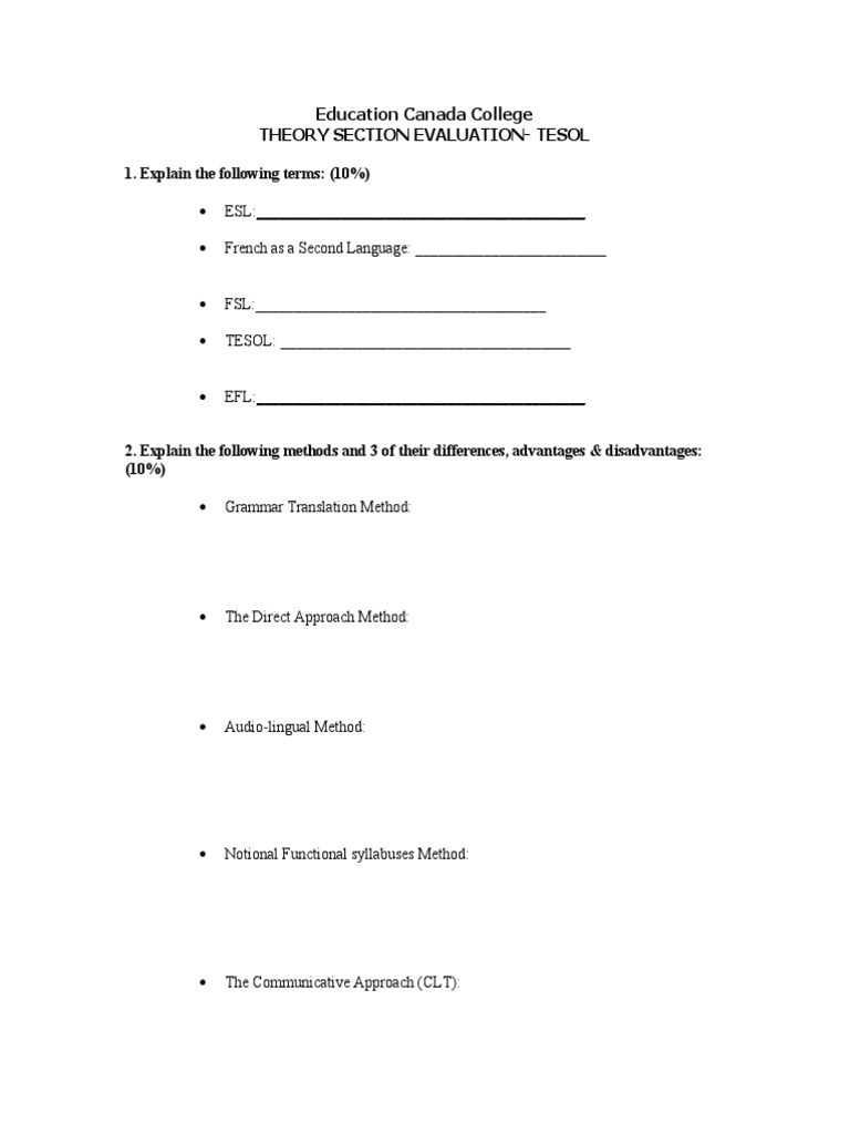 TESOL Theory Evaluation Guide | PDF | English As A Second Or Foreign ...