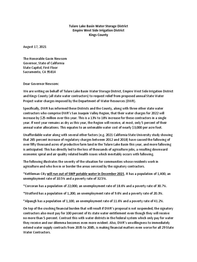2021 Letter To Governor Newsom | PDF | Economies | Water And Politics