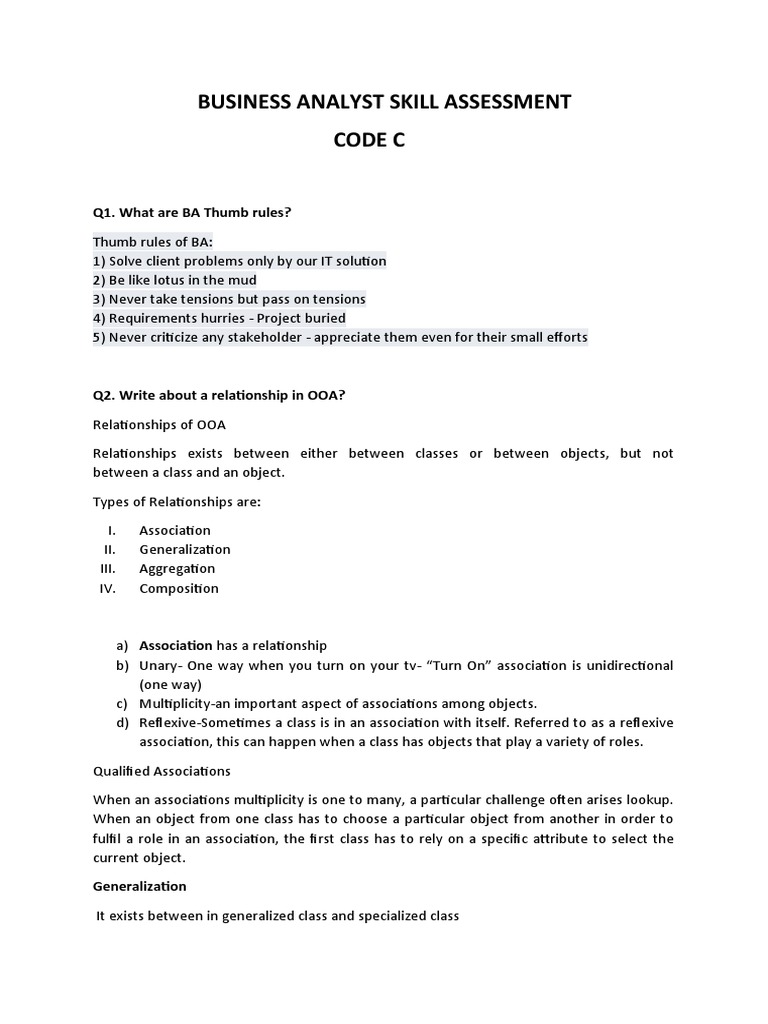 Business Analyst Skill Assessment Download Free PDF Financial Transaction Software Release