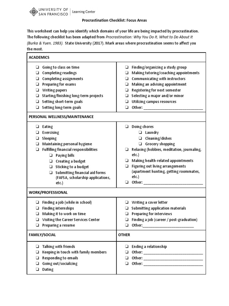 Procrastination Worksheet PDF Procrastination Professional Skills