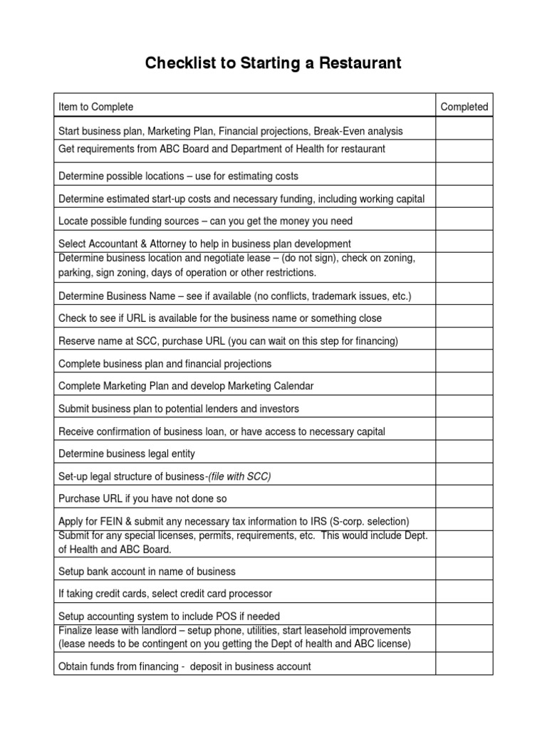 Checklist To Starting A Restaurant | PDF | Credit | Finance & Money ...