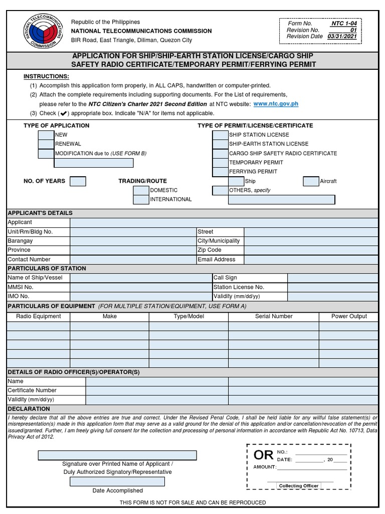 FormNo.NTC104APPLICATIONFORSHIPSHIPEARTHSTATIONLICENSECARGO