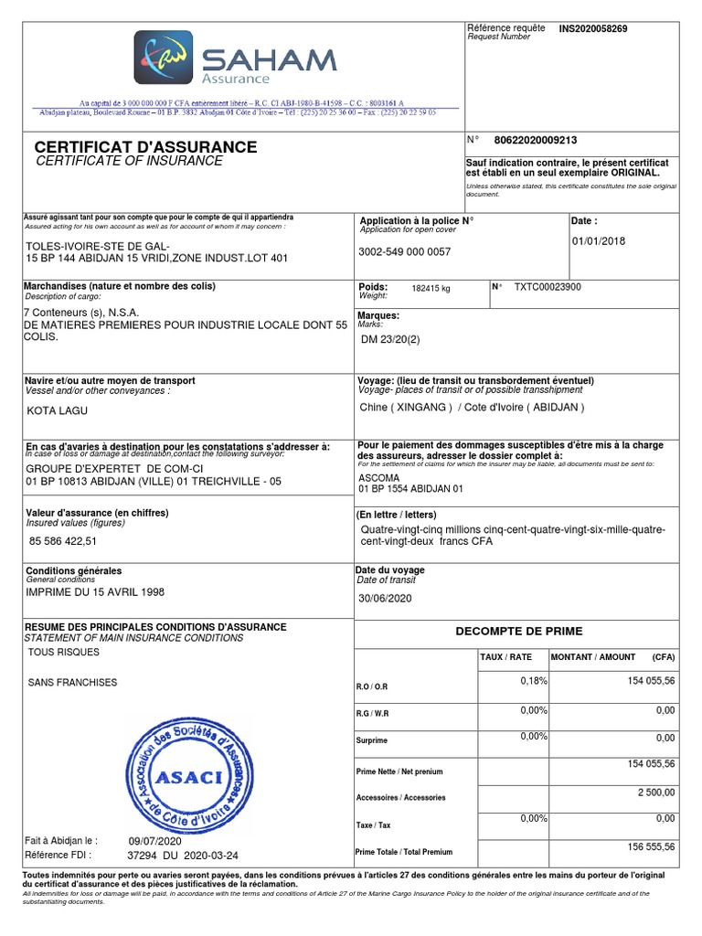 Certificat d'Assurance Maritime DM 23 | PDF