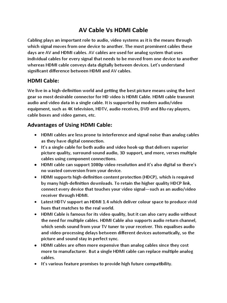 HDMI Vs AV Cable PDF Hdmi Cable Television