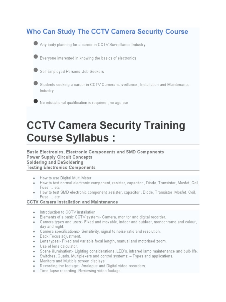 CCTV Camera Security Course Overview | PDF | Closed Circuit Television ...