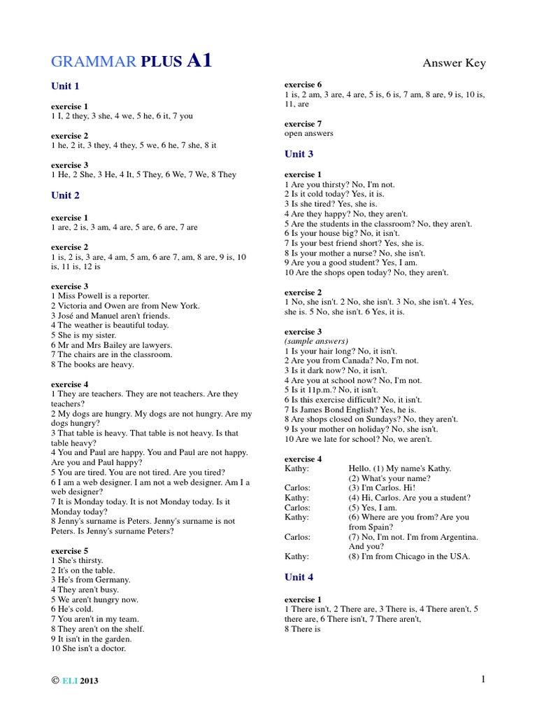 Grammar Plus A1-Answerkey. | PDF | Food And Drink