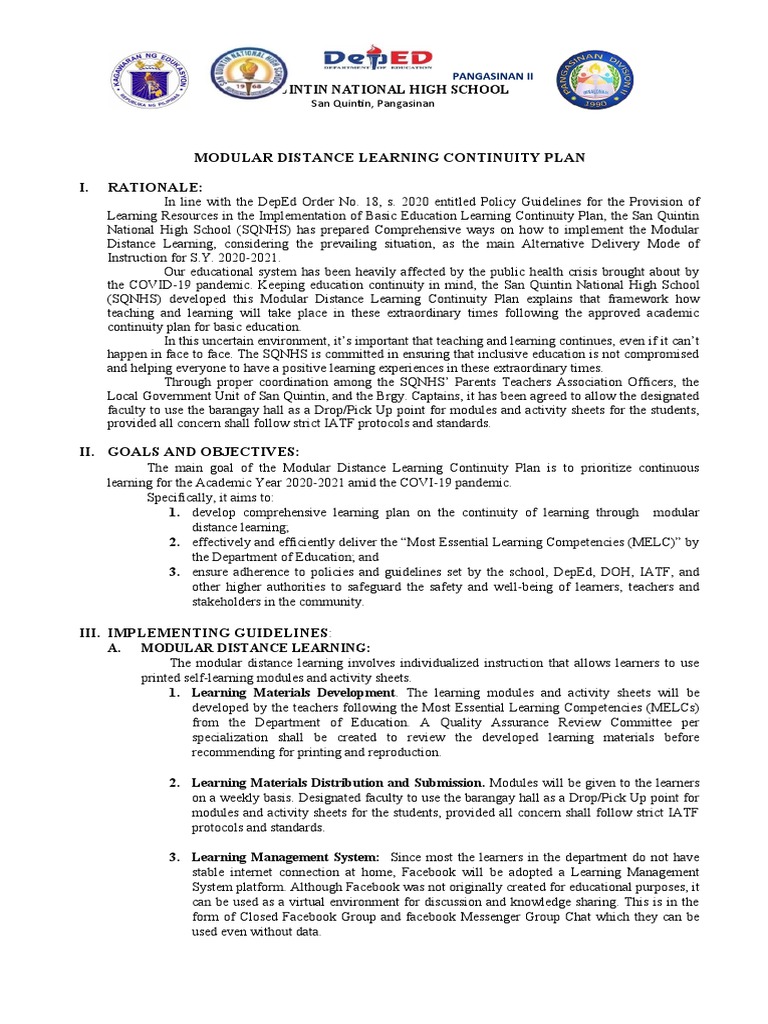 Modular Distance Learning Continuity Plan | PDF | Learning | Distance ...