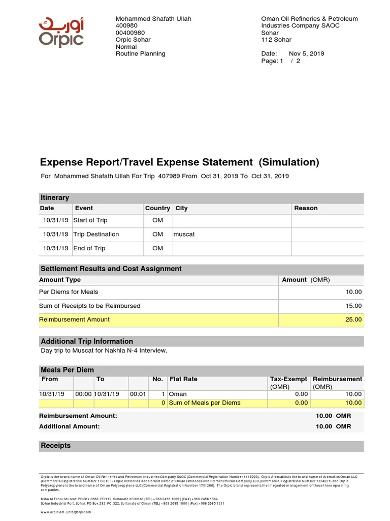 Expense Report/Travel Expense Statement (Simulation) Itinerary PDF