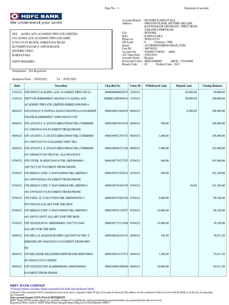 Alpha Ace Academy Account Statement | PDF | Money | Payments