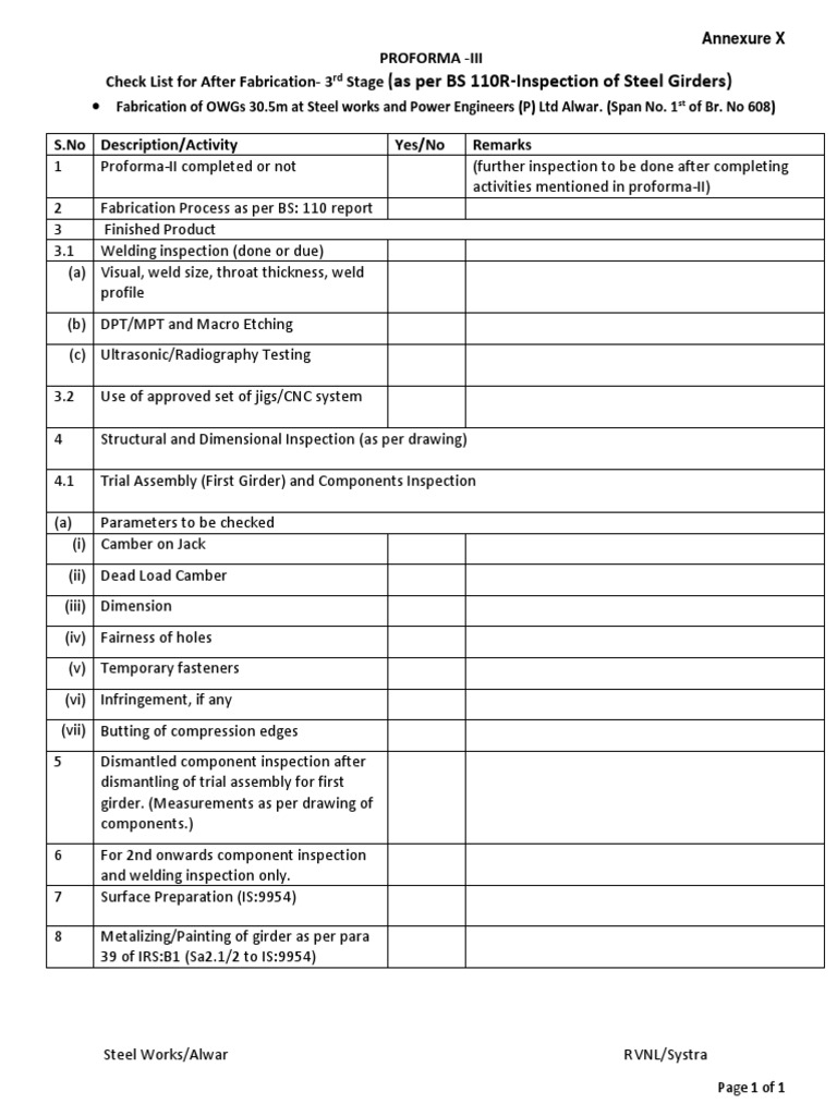 Steel Girder Fabrication Inspection Checklist | PDF