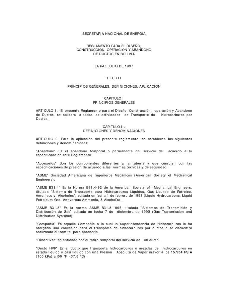 Reglamento de Ductos para Hidrocarburos en Bolivia | PDF | Tubería ...