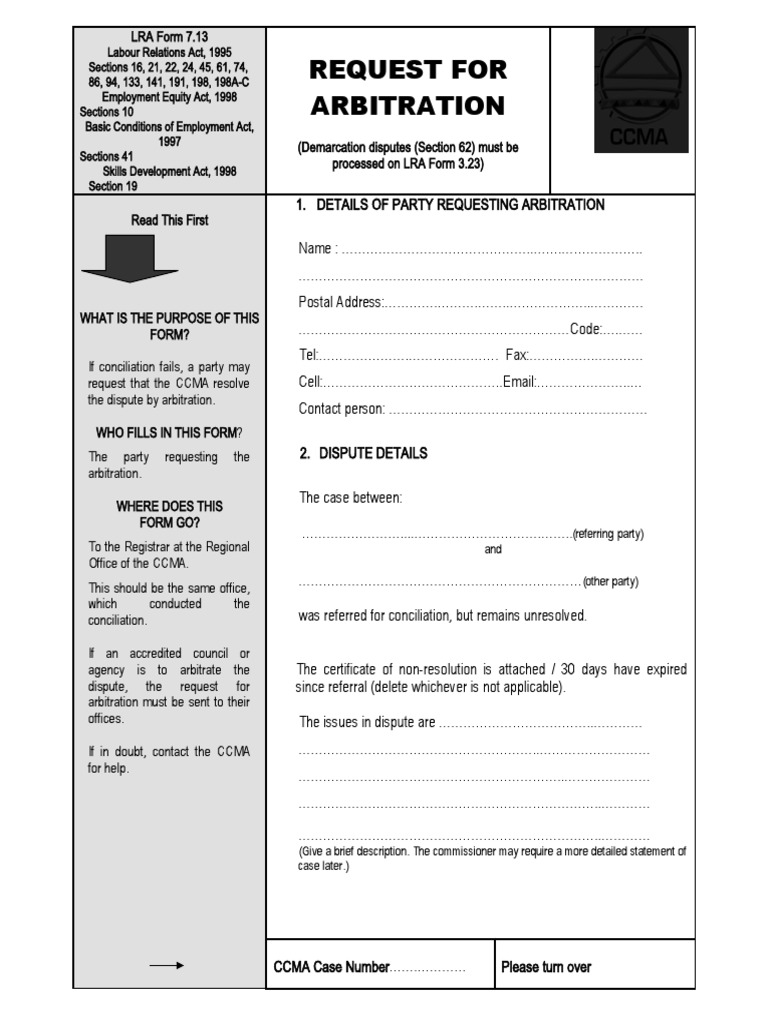 LRA 7.13 Request For Arbitration (Demarcation Disputes (Section 62 Must ...