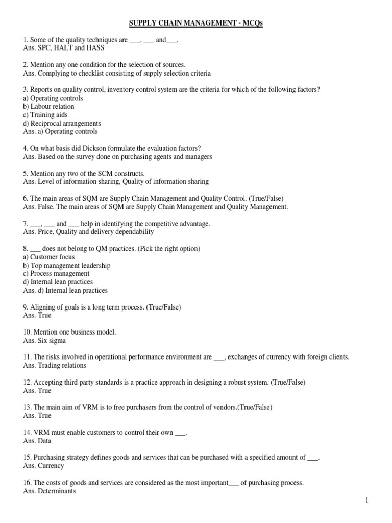 SUPPLY CHAIN MANAGEMENT MCQs PDF Supply Chain Supply Chain Management