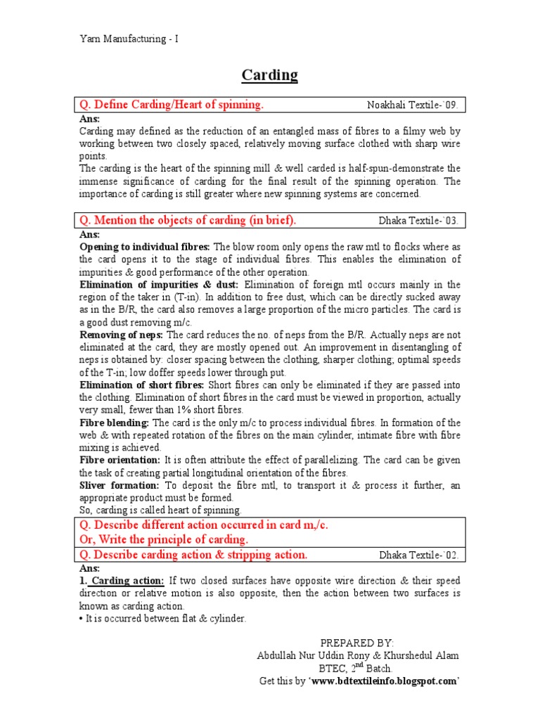 Carding Q. Define Carding/Heart of Spinning PDF Textiles Wire