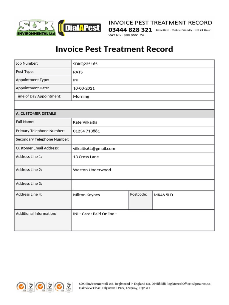 Pest Treatment Invoice Record for Rats | PDF | Rodent | Pest Control