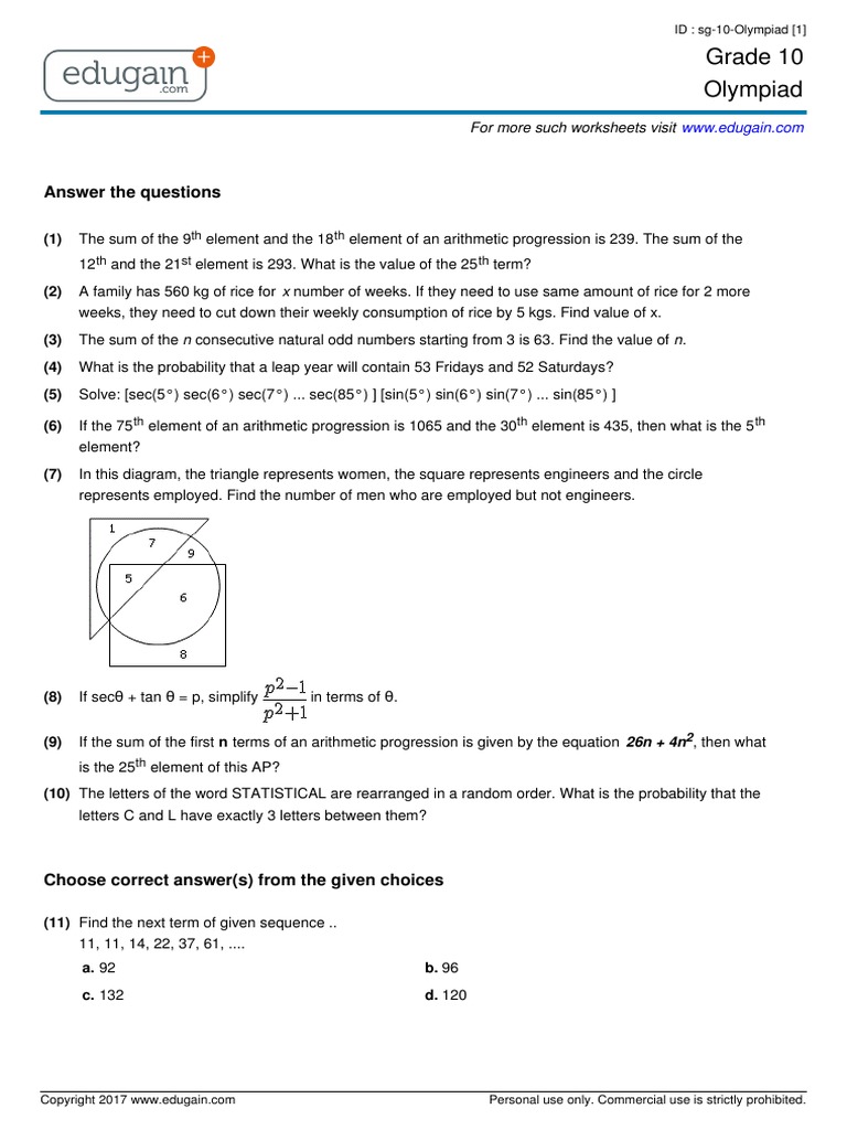 olympiad questions for class 10 maths