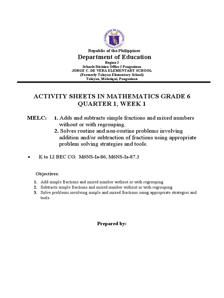 Grade 6 Math Activity Sheets: Fractions | PDF | Foods