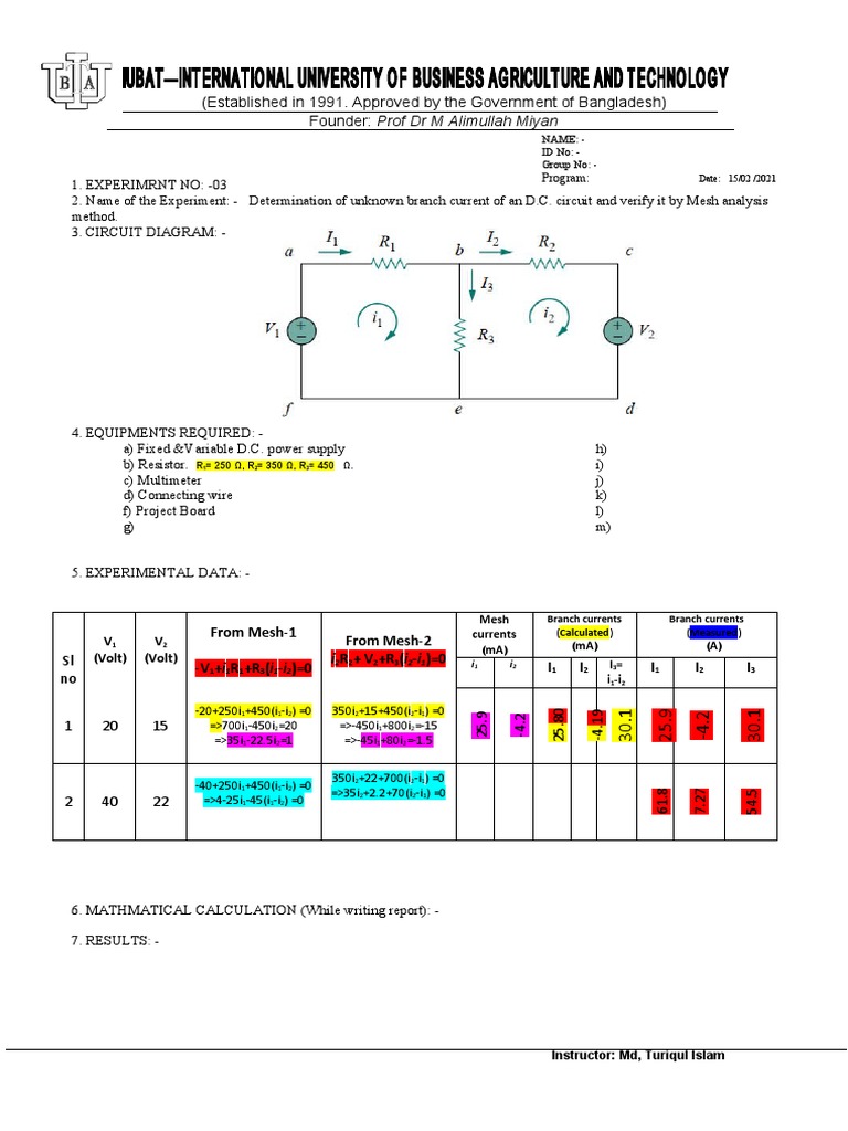 Mesh Analysis in D.C. Circuit Experiment | PDF | Metrology ...