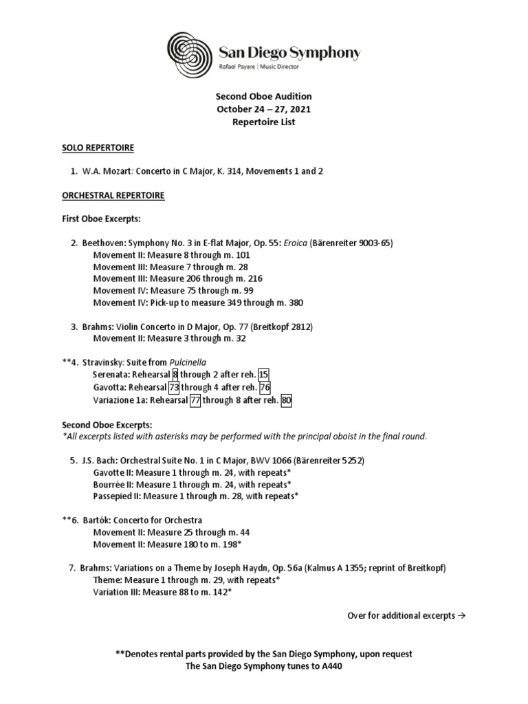 Second Oboe Audition October 24 27, 2021 Repertoire List PDF