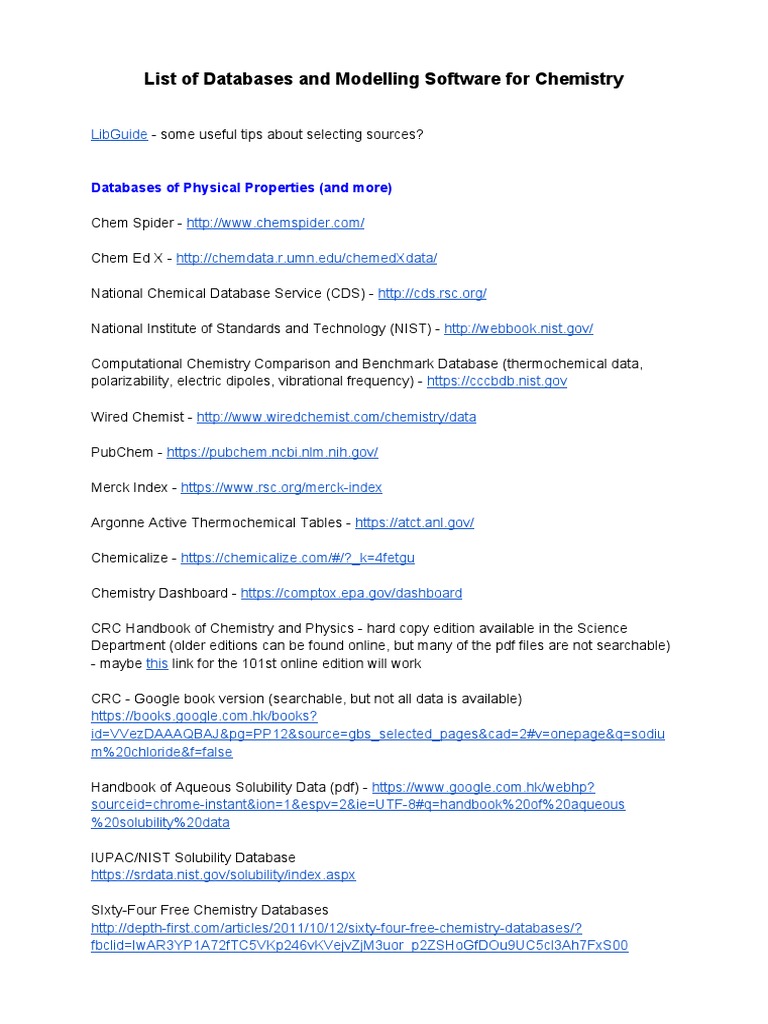 List of Chemistry Databases and Modelling Software | PDF | Chemistry ...