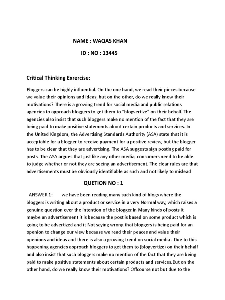 Assignment (Critical Thniking Excercise) | PDF | Blog | Advertising