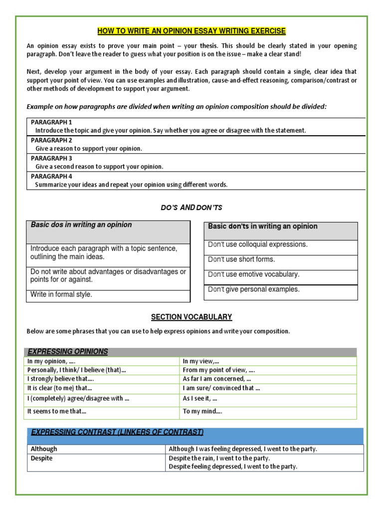 How To Write An Opinion Essay Exercise | PDF | Essays | Paragraph
