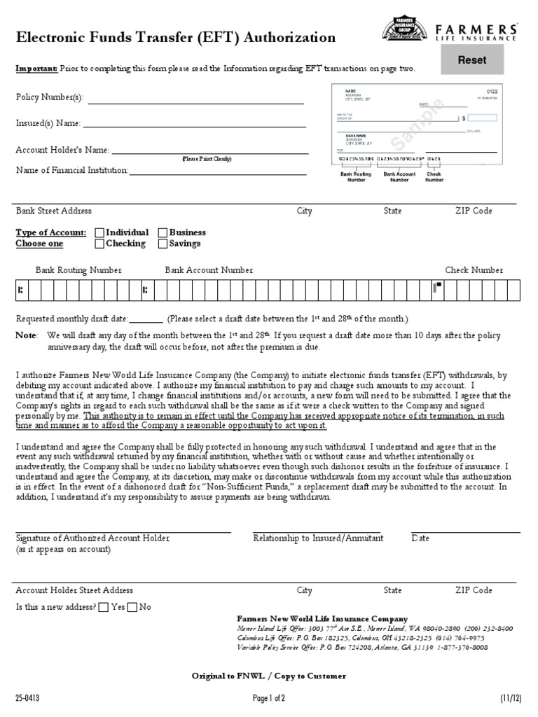 EFT Authorization Form Instructions | PDF | Insurance | Banks