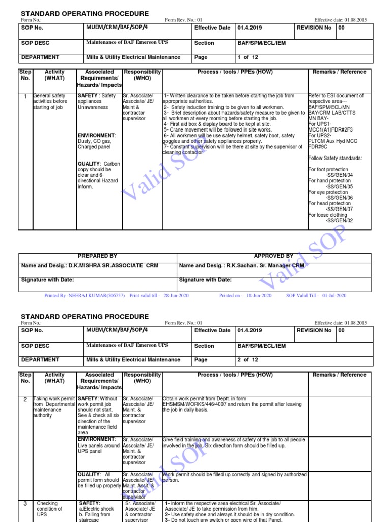Emerson UPS Maintenance SOP | PDF | Personal Protective Equipment ...