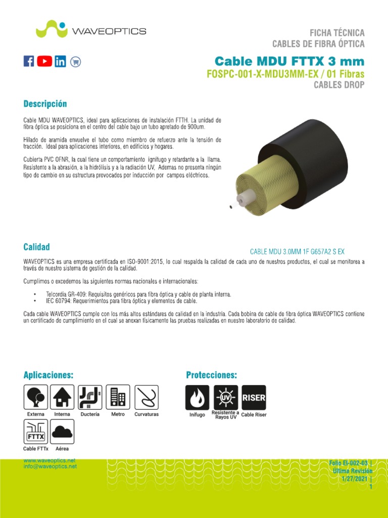 Cable MDU FTTX: Especificaciones Técnicas | PDF | Fibra óptica ...