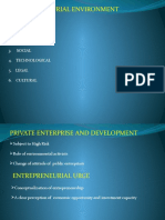 Entrepreneurial Environment: 1. Polictical 2. Economic 3. Social 4. Technological 5. Legal 6. Cultural