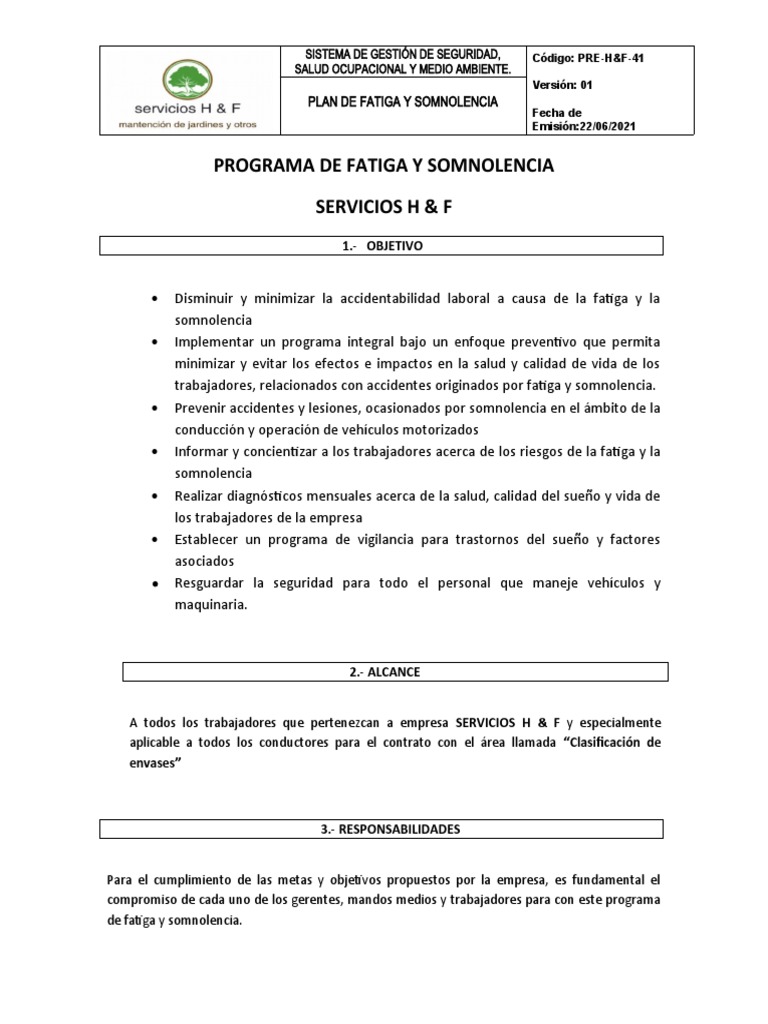 Plan de Fatiga y Somnolencia | PDF | Seguridad y salud ocupacional ...