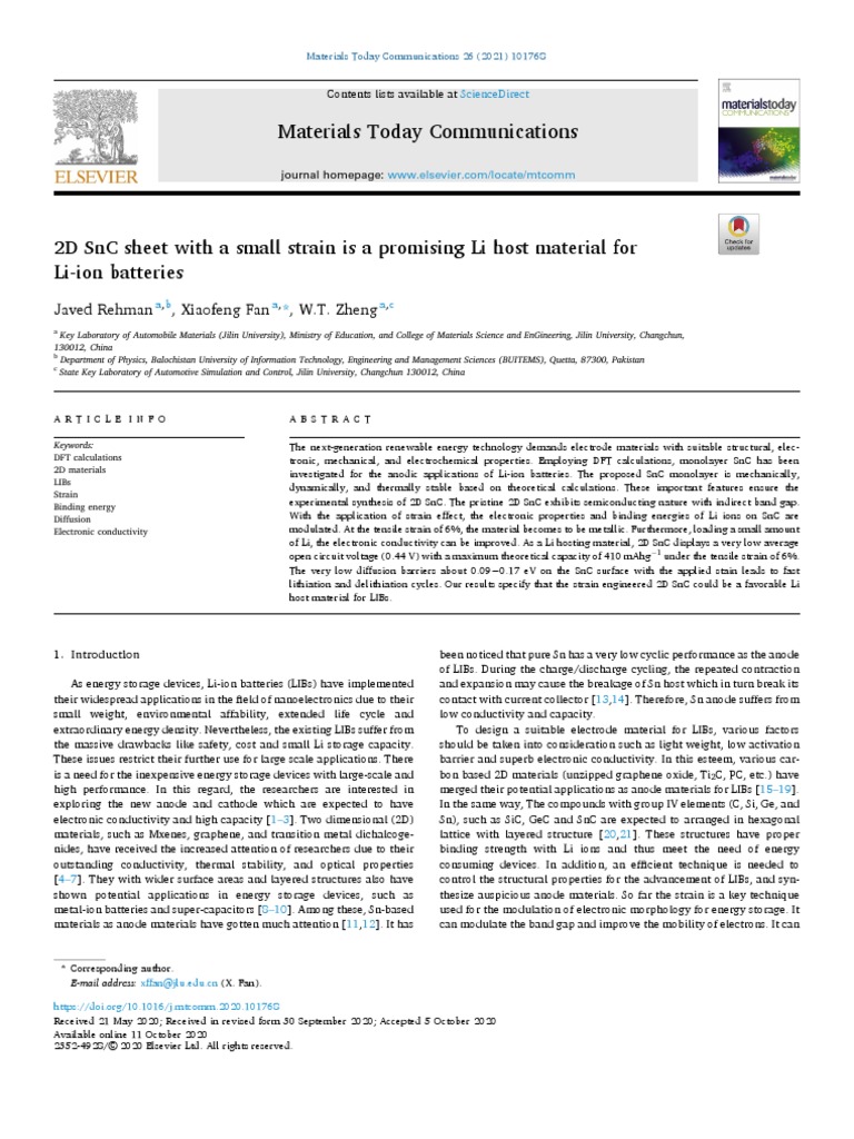 2D SNC Sheet With A Small Strain Is A Promising Li Host Material For Li ...