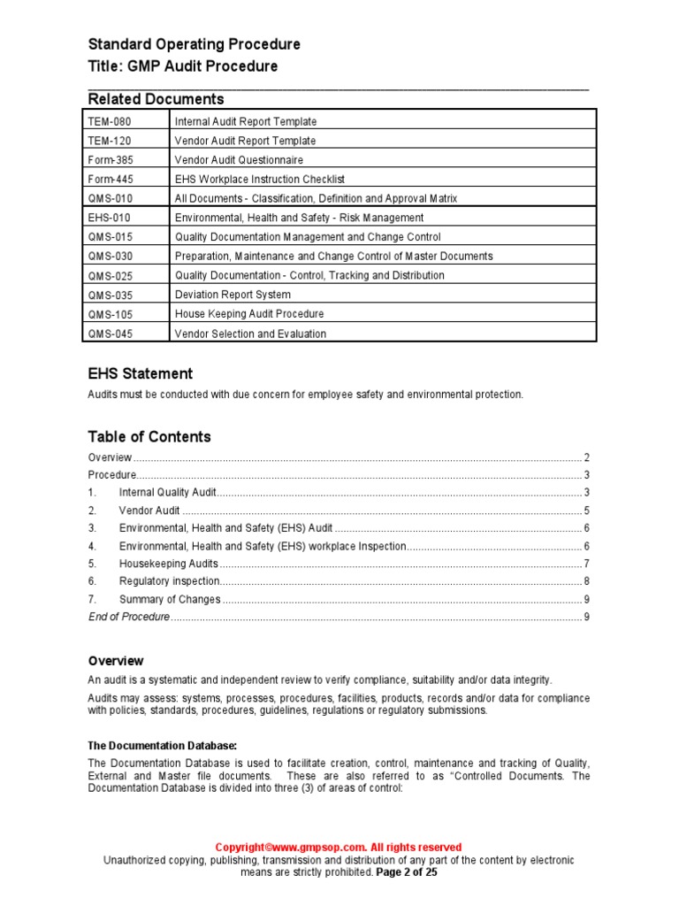 QMS 22 GMP Audit Procedure Sample  PDF  Audit  Occupational With Gmp Audit Report Template