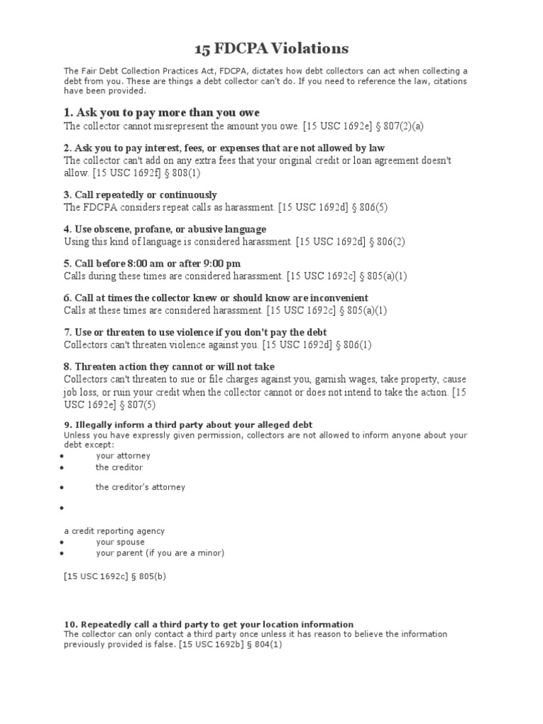 15 Fdcpa Violations | PDF | Debt | Justice