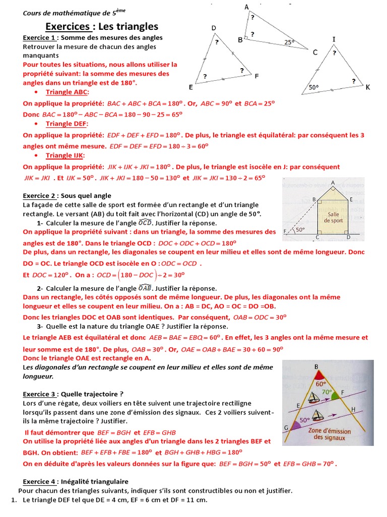 Calcul Angle Triangle Isocèle 5ème 5eme Exercices Les Triangles Correction | PDF | Triangle | Objets  mathématiques