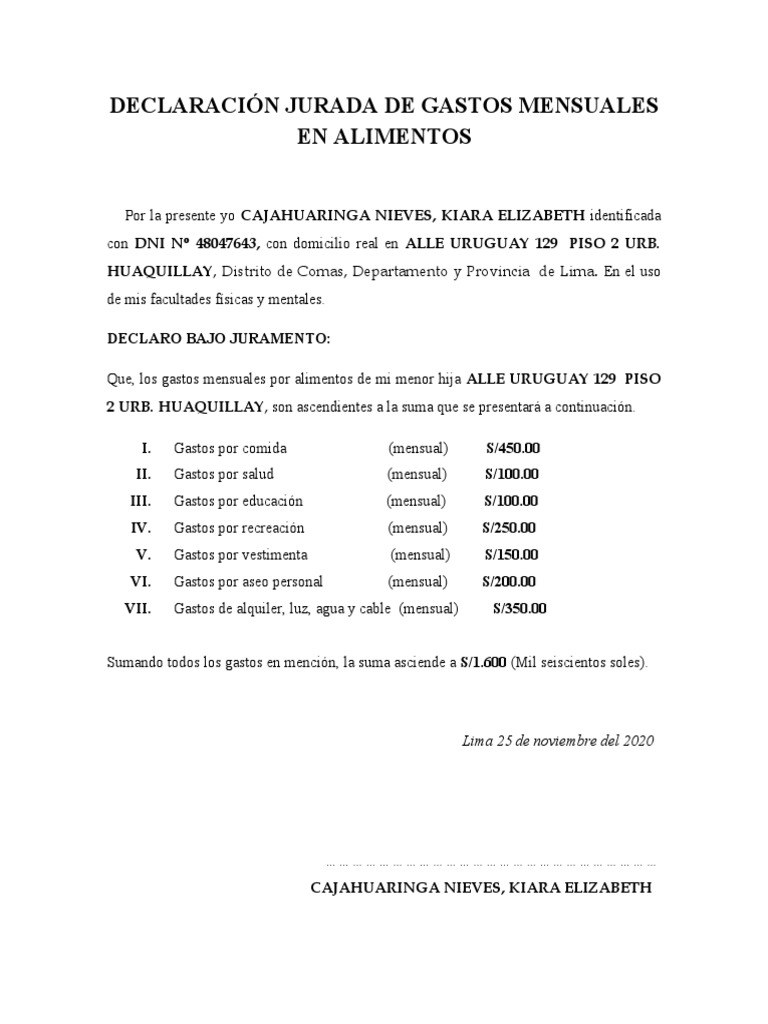 Declaración Jurada de Gastos Alimentarios | PDF | Ciencias sociales