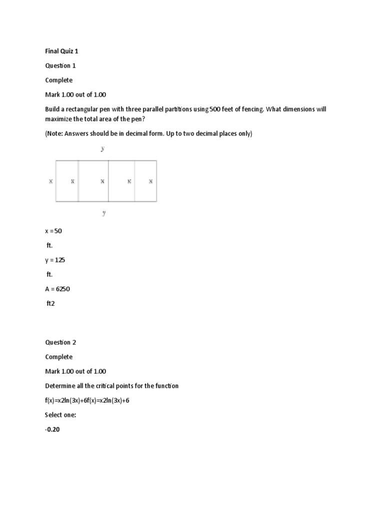 Calculus 2 Final Quiz Solutions | PDF | Maxima And Minima | Derivative