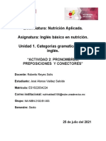 Licenciatura: Nutrición Aplicada. Asignatura: Inglés Básico en Nutrición. Unidad 1. Categorías Gramaticales Del Inglés