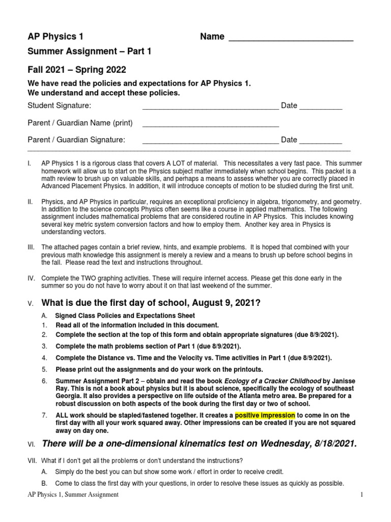 AP Physics 1 Summer Assignment Guide | PDF | Speed | Velocity