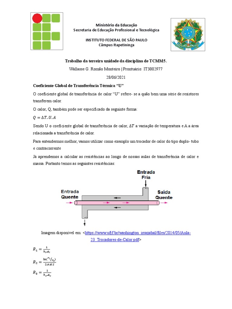 Coeficiente Global de Transferência Térmica U PDF Transferência de