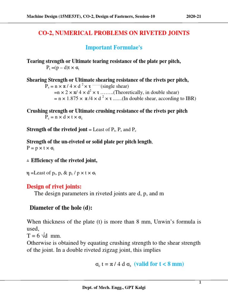 Co2, Numerical Problems On Riveted Joints Important Formulae's PDF