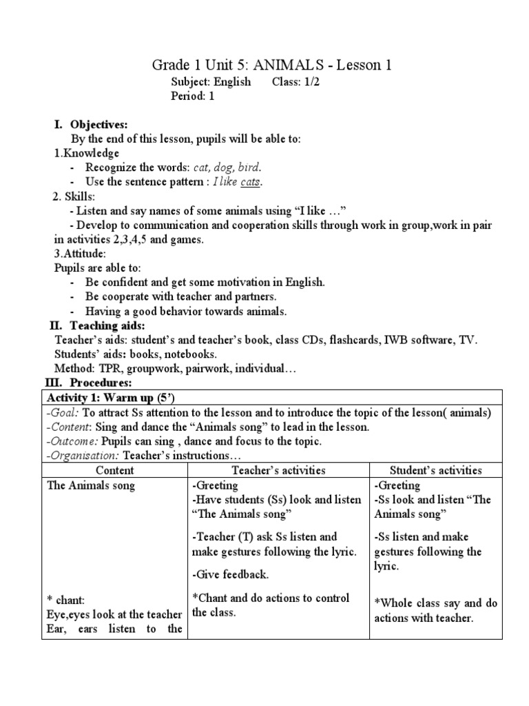 Grade 1 Animals Lesson Plan | PDF | Teachers | Psychological Concepts