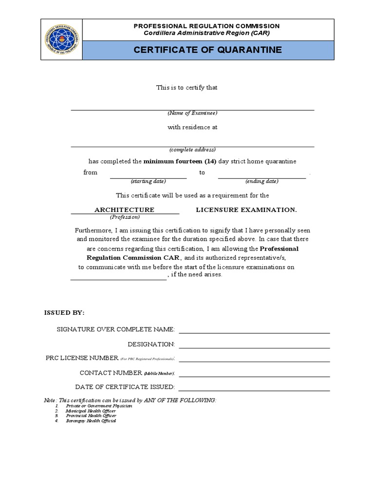 Quarantine Certificate BAGUIO PDF Licensure Certification