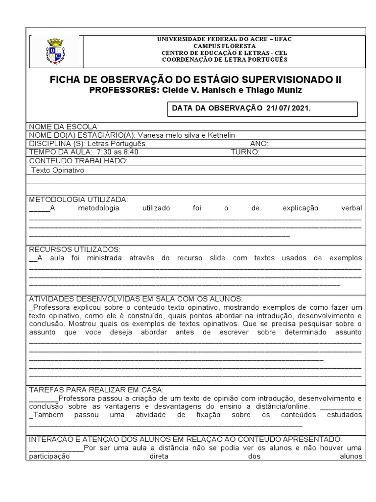 Ficha de Observação de Sala de Aula - E. S. II | PDF | Lição | Cognição