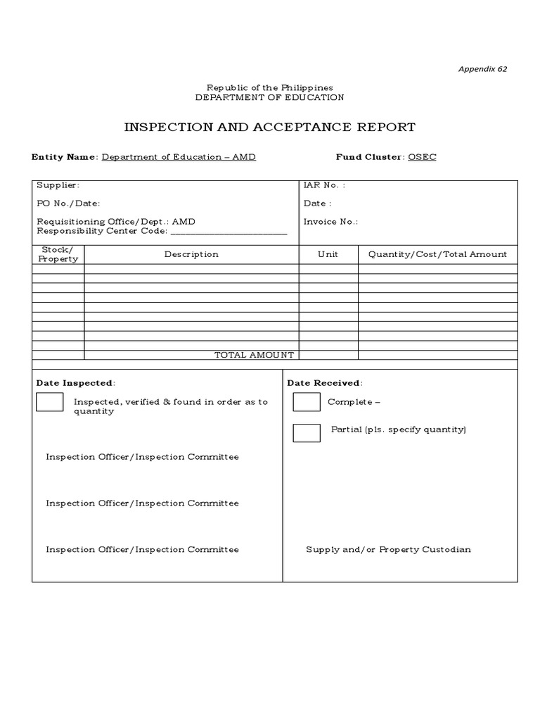 Inspection and acceptance report entity name department of education