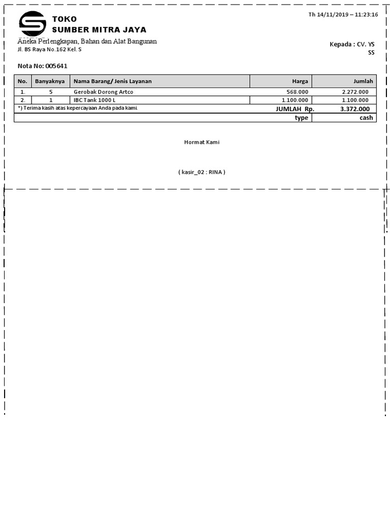 Nota Pembelian Alat Bangunan CV. YS | PDF