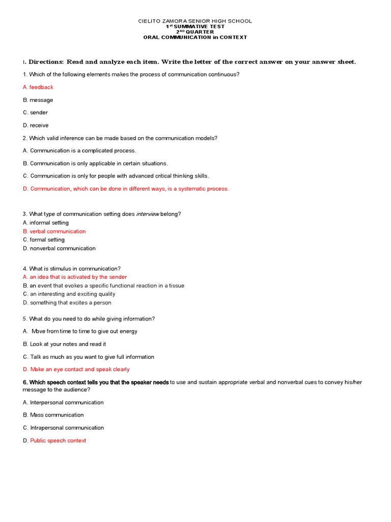 Oral Communication Summative Test | PDF | Communication | Nonverbal ...
