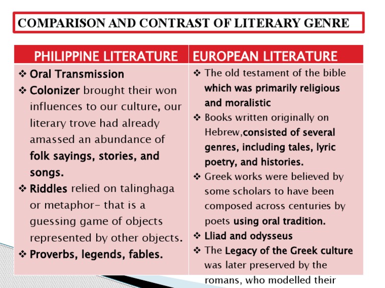 Philippine Literature European Literature: Comparison and Contrast of ...