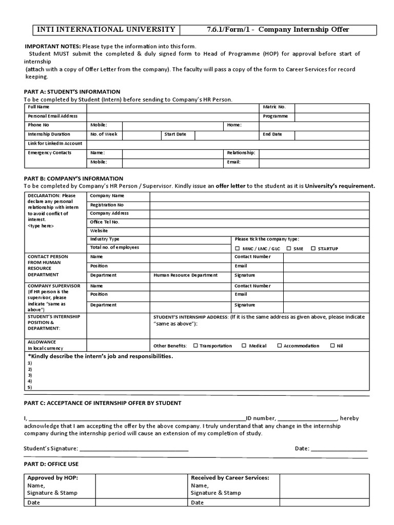 Internship Acceptance Declaration Form | PDF